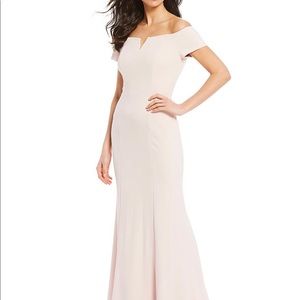 Off-the-Shoulder Notch V-Neck Scuba Crepe Gown